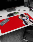 40x20 inches anime girl desk pad featuring long black hair with teal streaks, finger-to-lip pose, neon eyes.