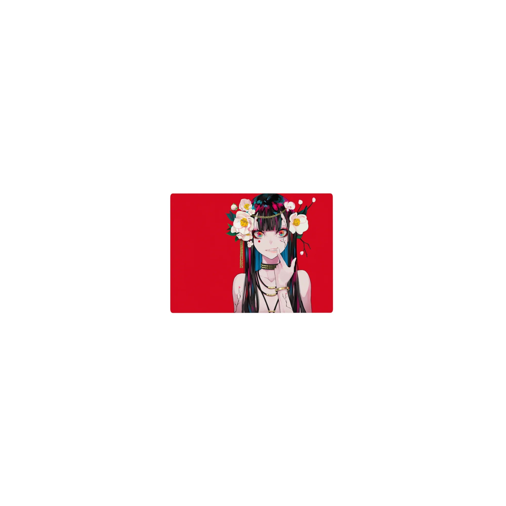 Classic anime girl mouse pad 14x10 inches with red backdrop, camellia flowers, gold chains, and neon eyes.