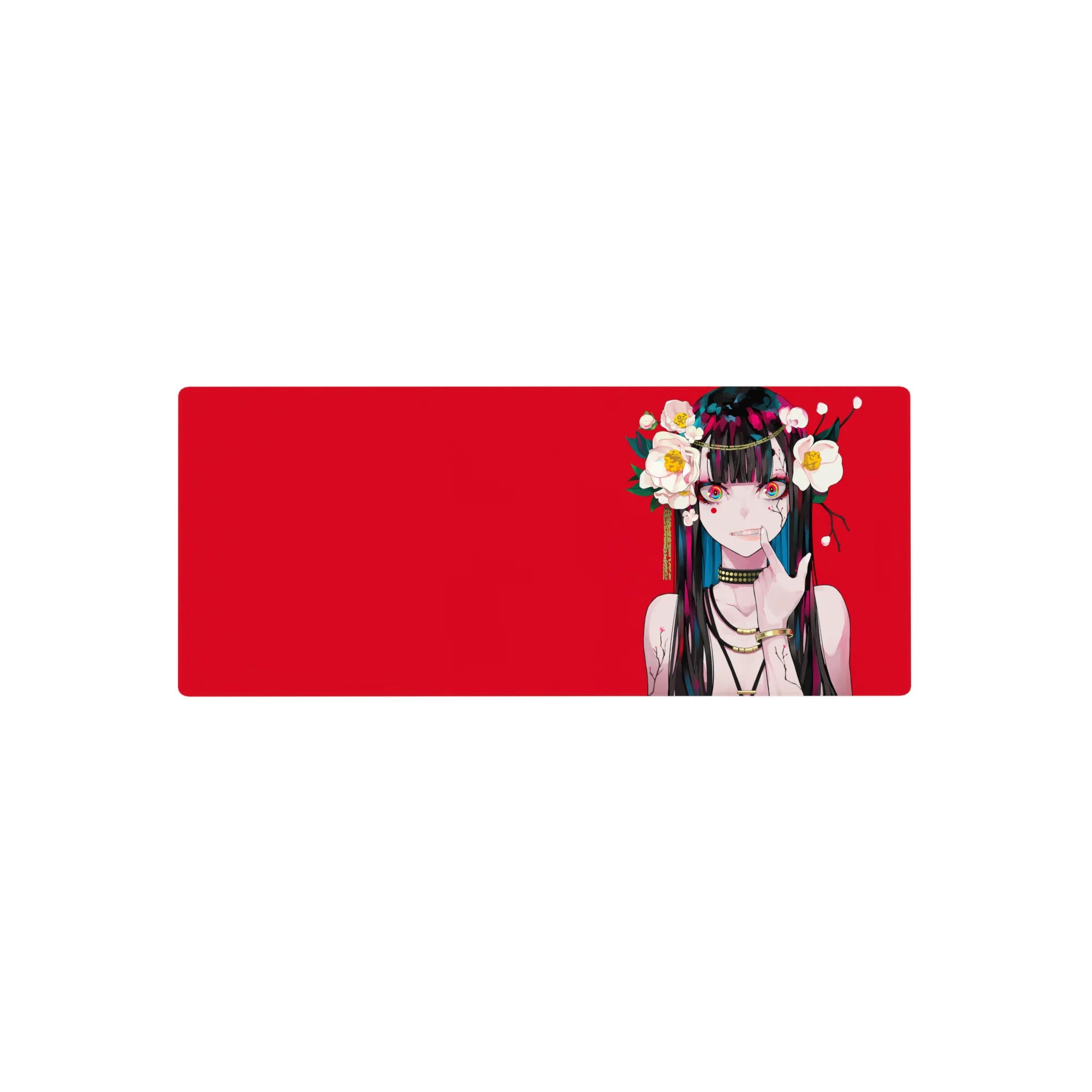Anime girl mouse pad 28x12 inches with red backdrop, camellia flowers, gold chains, and teal-streaked hair.