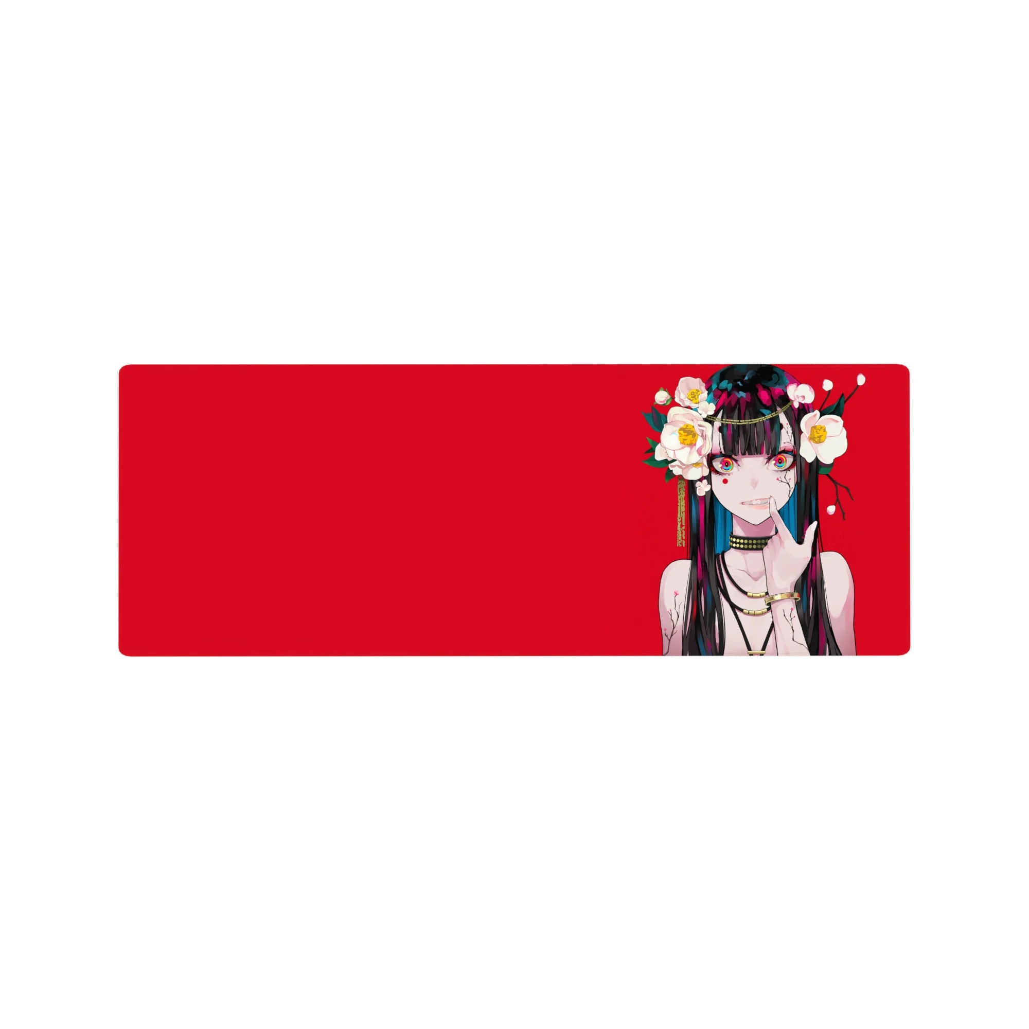 32x12 inches anime girl mouse pad with red backdrop, camellia flowers, gold chains, and teal-streaked hair.