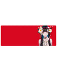 32x12 inches anime girl mouse pad with red backdrop, camellia flowers, gold chains, and teal-streaked hair.