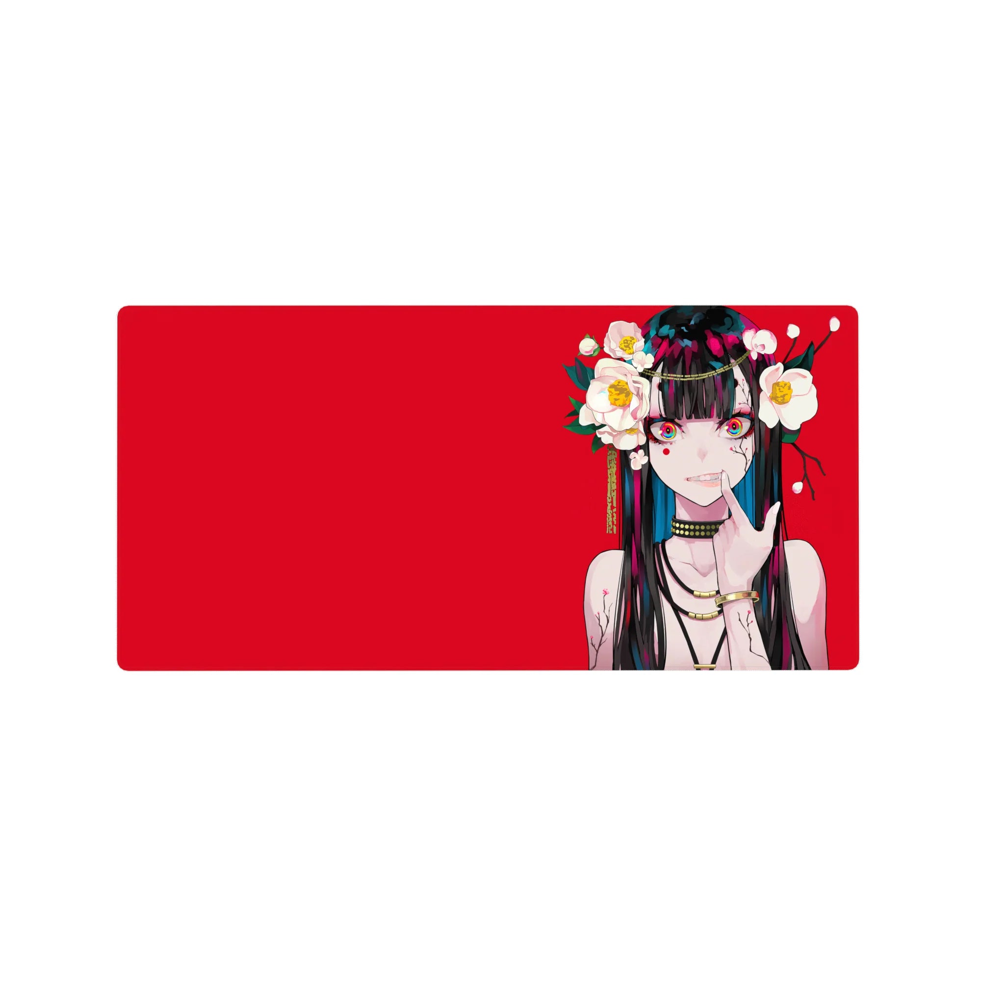 32x16 inches anime girl mouse pad with red backdrop, camellias, gold chains, and teal-streaked hair.