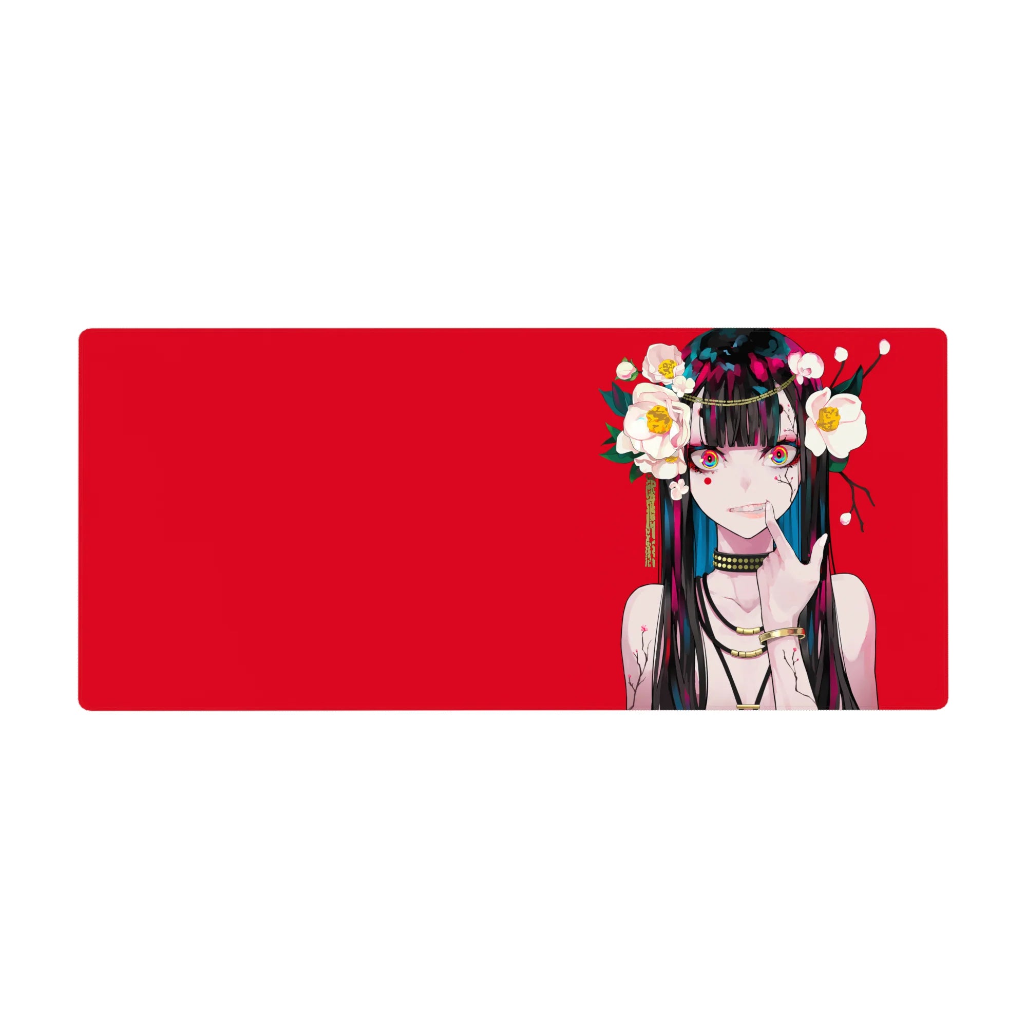 36x16 inches anime girl desk pad with red backdrop, camellia flowers, gold chains, and teal-streak hair.