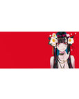 36x16 inches anime girl desk pad with red backdrop, camellia flowers, gold chains, and teal-streak hair.