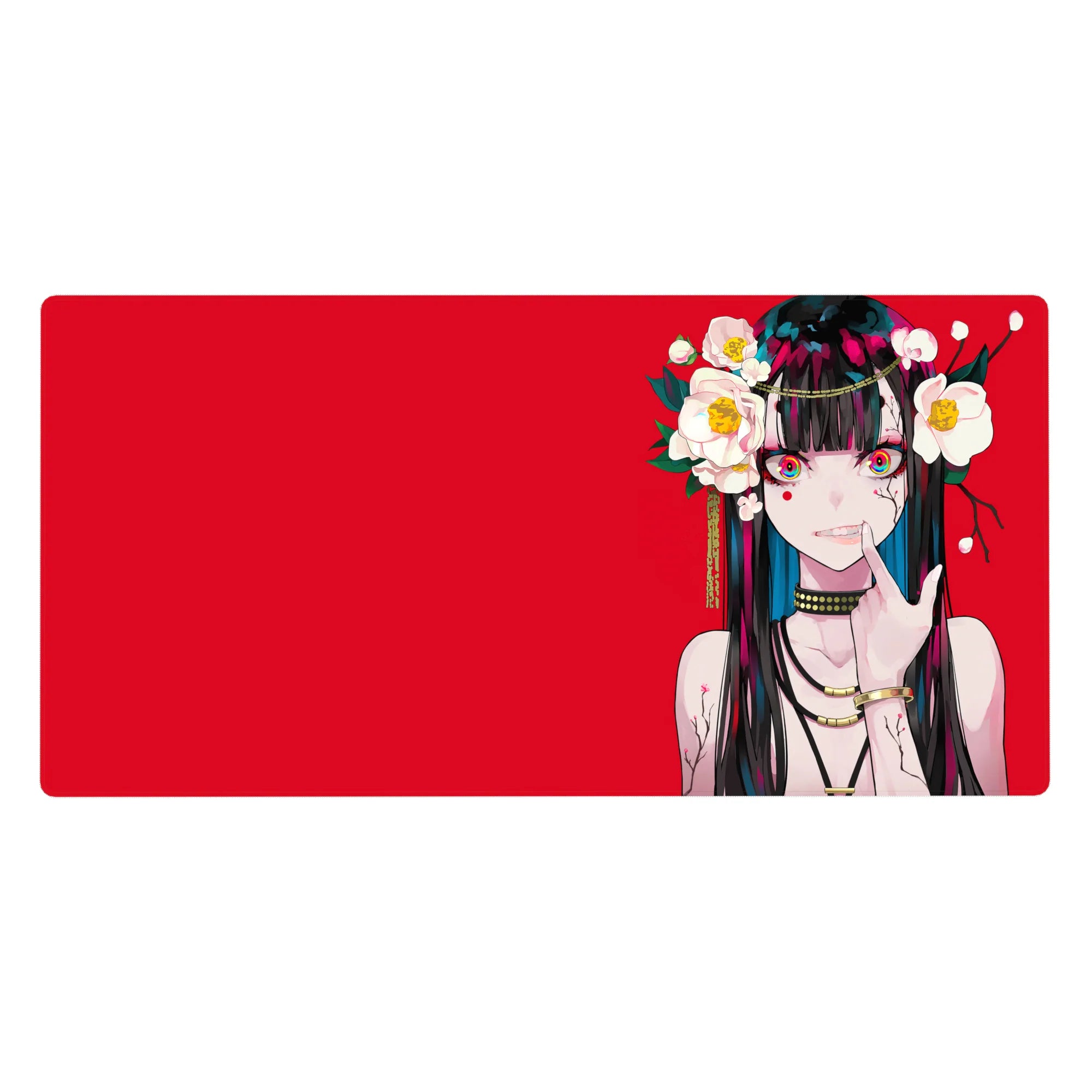 40x20 inches anime girl desk pad with red backdrop, camellia flowers, gold chains, and teal-streaked hair.