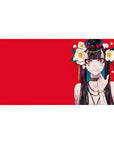 40x20 inches anime girl desk pad with red backdrop, camellia flowers, gold chains, and teal-streaked hair.