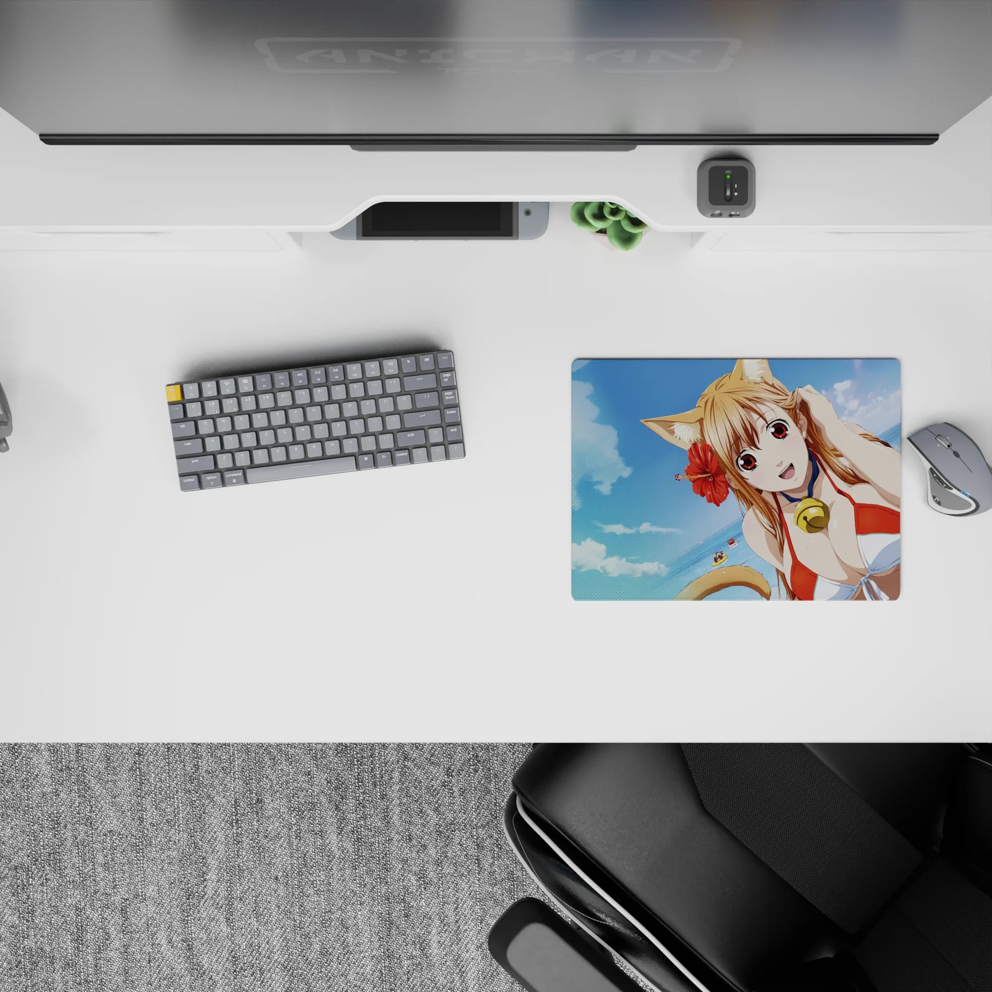 Sky-blue summer mood anime girl mouse pad 14x10 inches with cloud-soft backdrop and sunny vacation vibes.