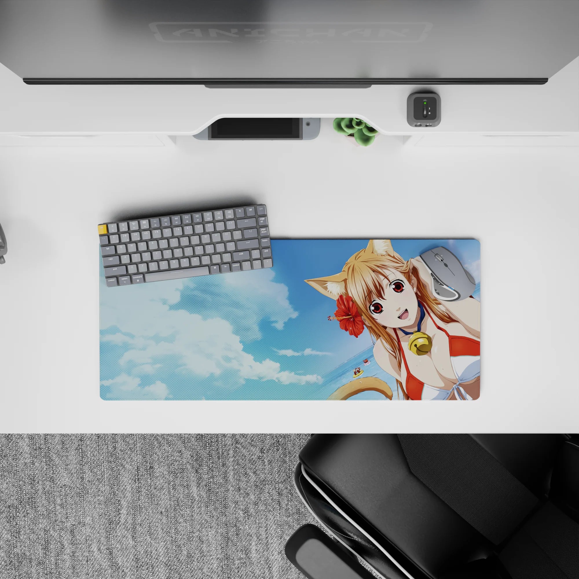 28x12 inches anime girl mouse pad in sky blue and cloud tones with hibiscus red accents, sunny summer vibe.