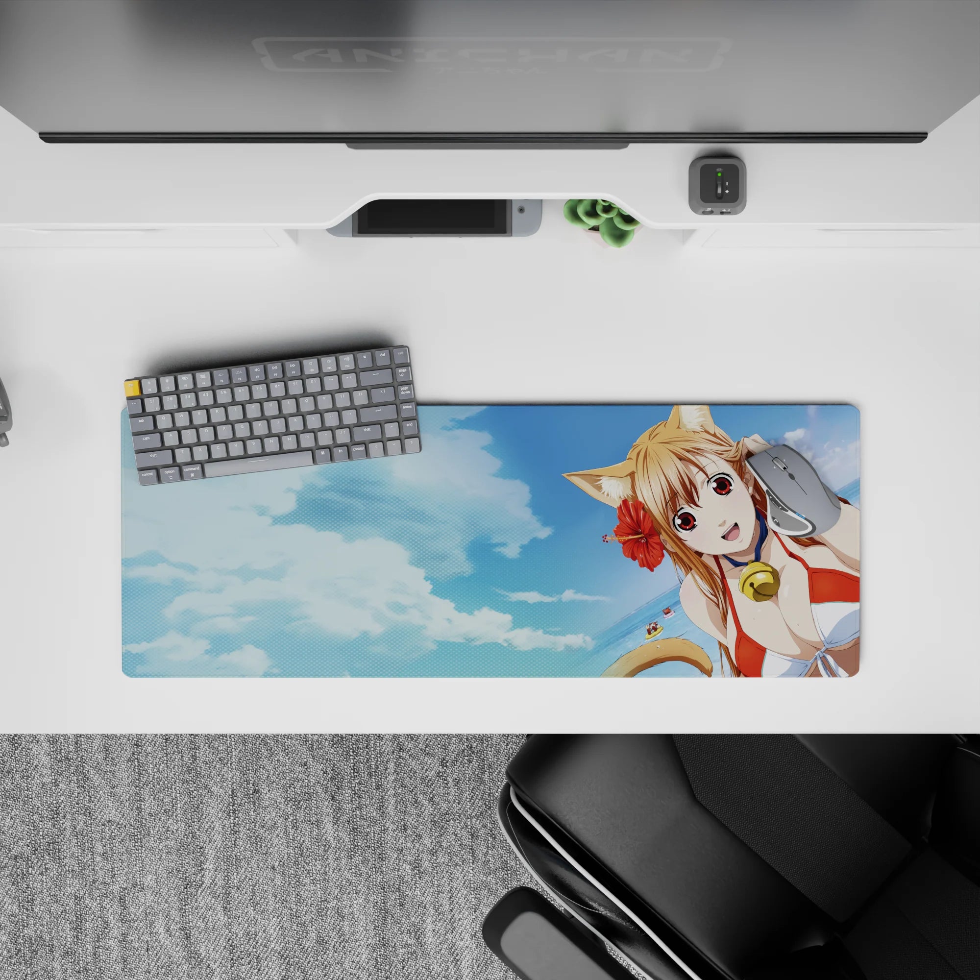32x12 inches desk mat in sky blue and cloud tones with hibiscus red, sunny summer anime vibe.