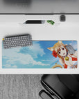 32x12 inches desk mat in sky blue and cloud tones with hibiscus red, sunny summer anime vibe.