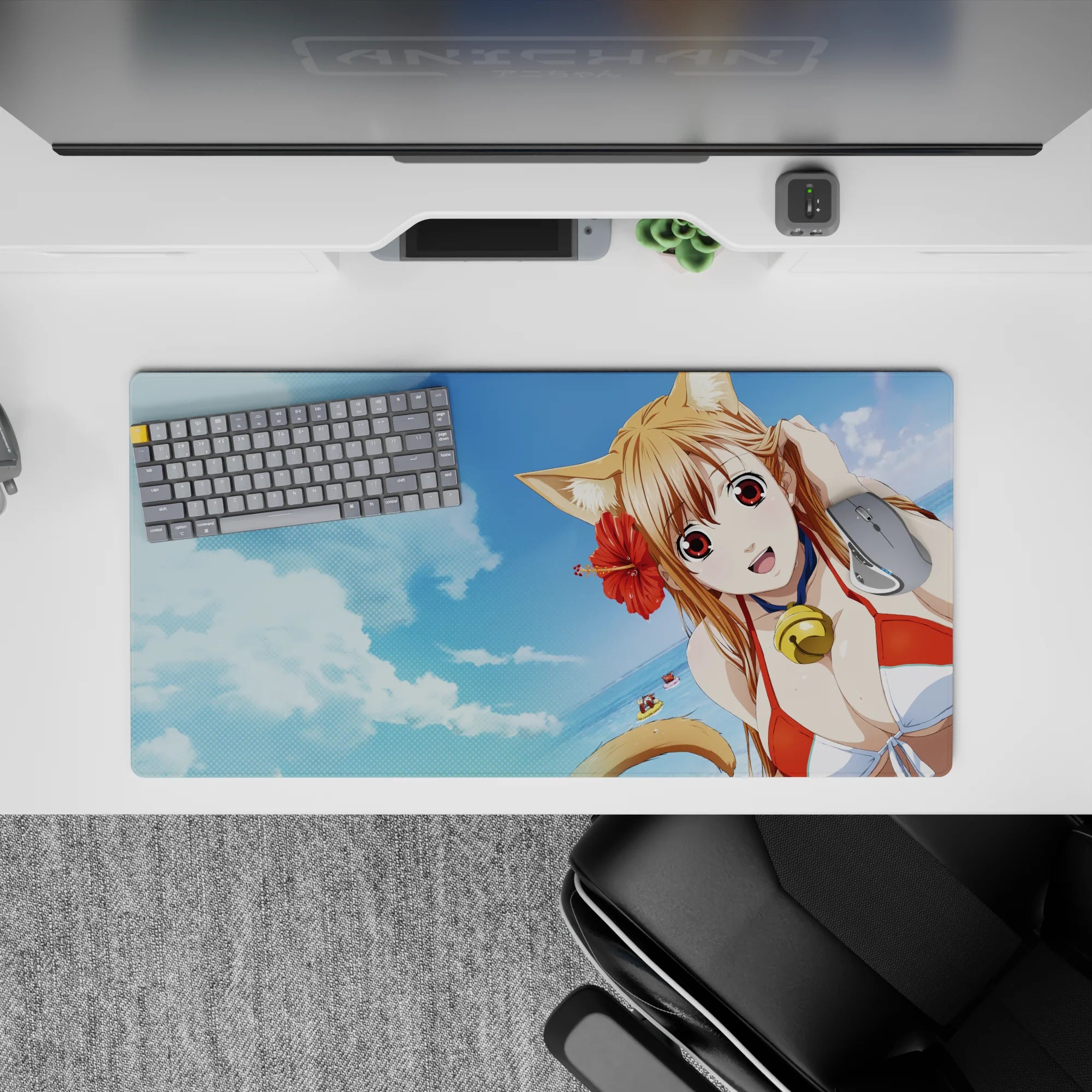 Summer vibe anime girl mouse pad 32x16 inches in sky blue clouds with hibiscus red accents.