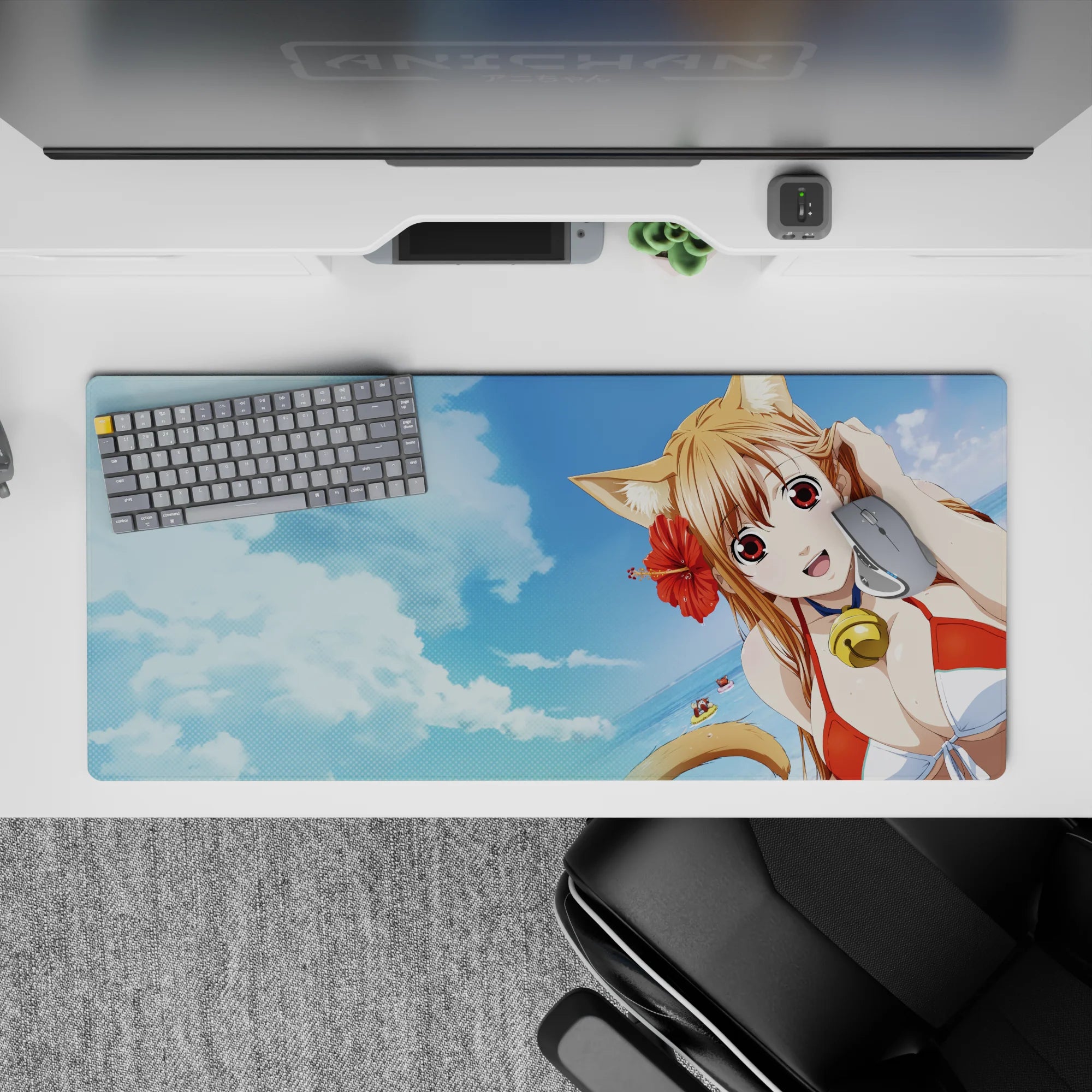 36x16 inches anime girl desk pad in sky blue clouds with hibiscus red pop, sunny summer vibes.