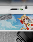 36x16 inches anime girl desk pad in sky blue clouds with hibiscus red pop, sunny summer vibes.