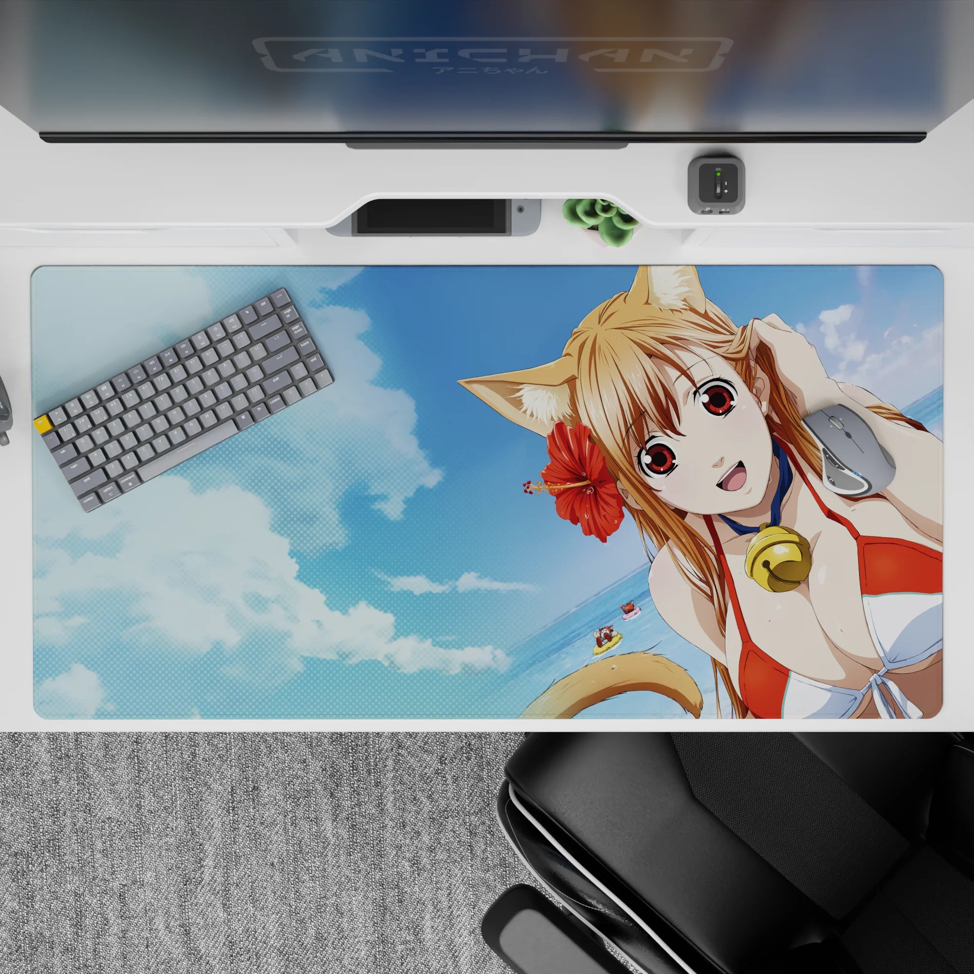 Summer sky-blue anime desk pad 40x20 inches with clouds, hibiscus red pop, sunny vacation vibe.