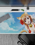 Summer sky-blue anime desk pad 40x20 inches with clouds, hibiscus red pop, sunny vacation vibe.