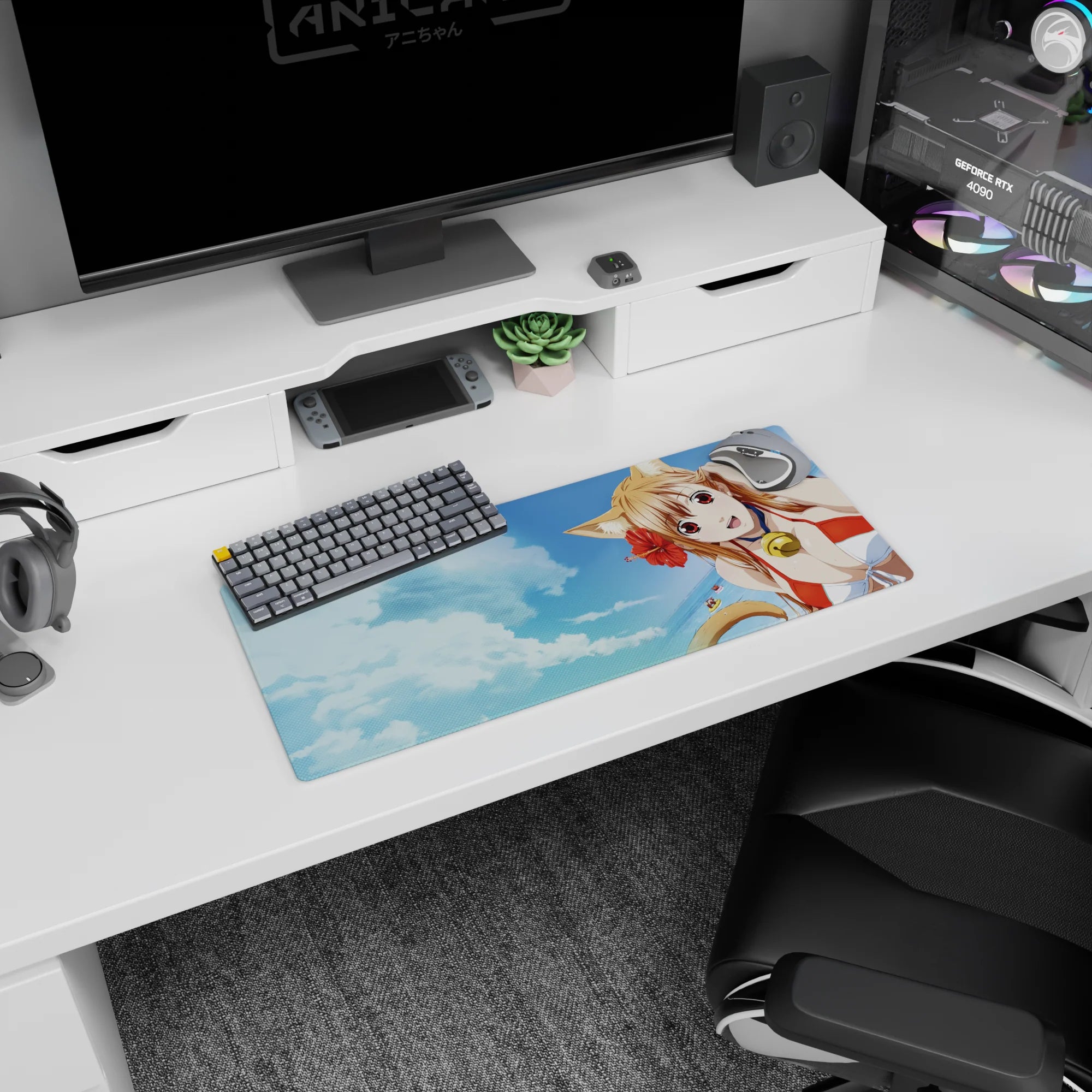 28x12 inches anime girl mouse pad showing playful cat-eared girl on the beach, sandy hair, distant floaty.