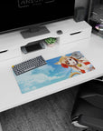 28x12 inches anime girl mouse pad showing playful cat-eared girl on the beach, sandy hair, distant floaty.