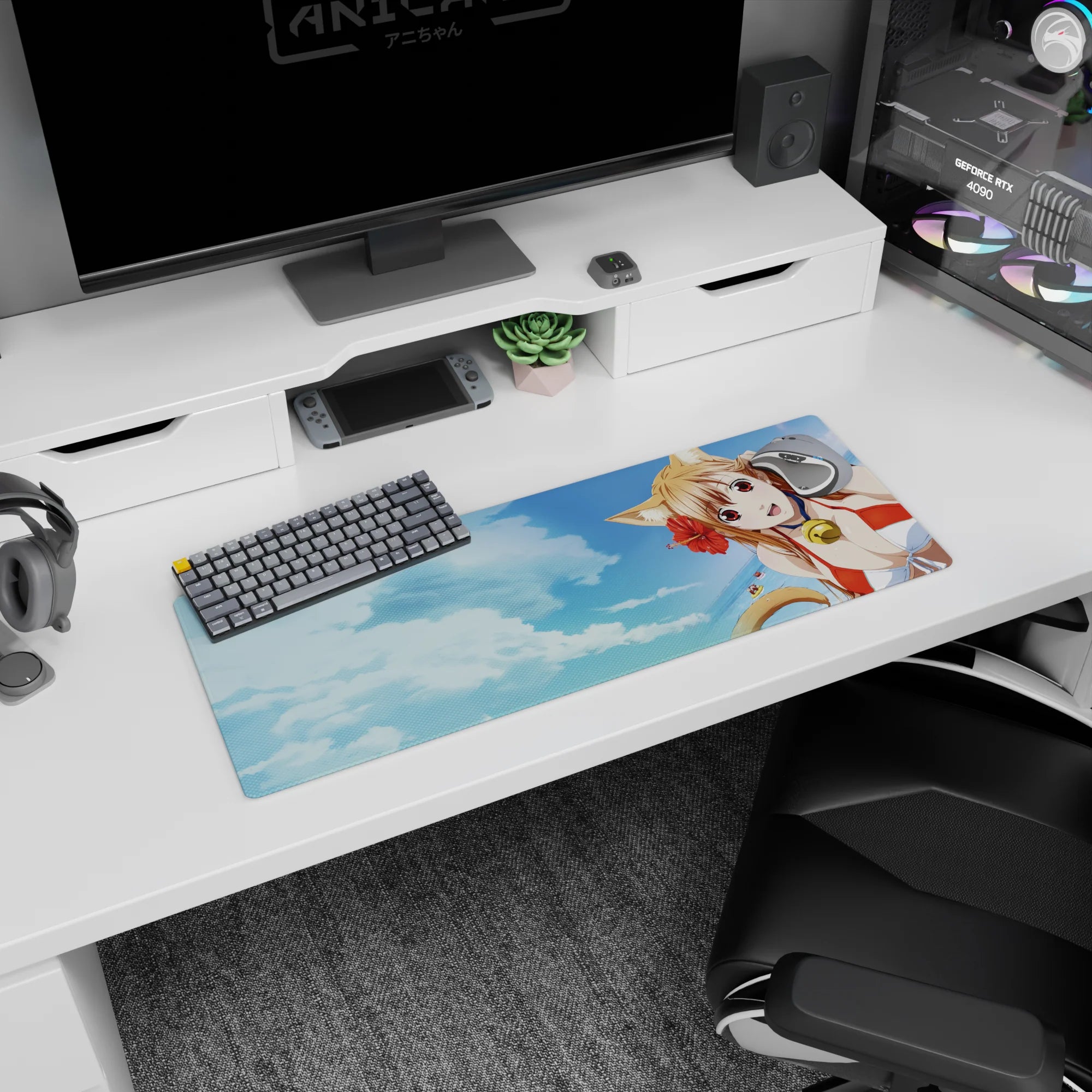 32x12 inches mouse pad showing a cat-eared anime beach girl with bell choker and distant ocean floaty.