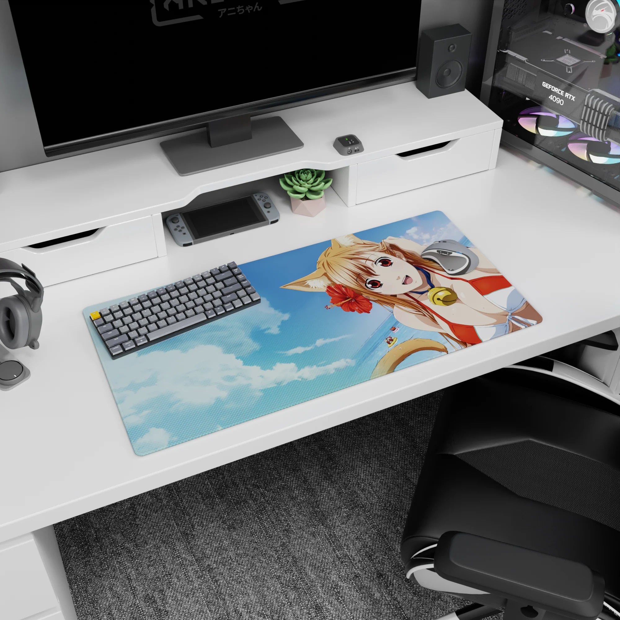 Cat-eared anime beach girl on 32x16 inches mouse pad, sandy hair, bell choker, distant ocean float.