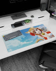 Cat-eared anime beach girl on 32x16 inches mouse pad, sandy hair, bell choker, distant ocean float.