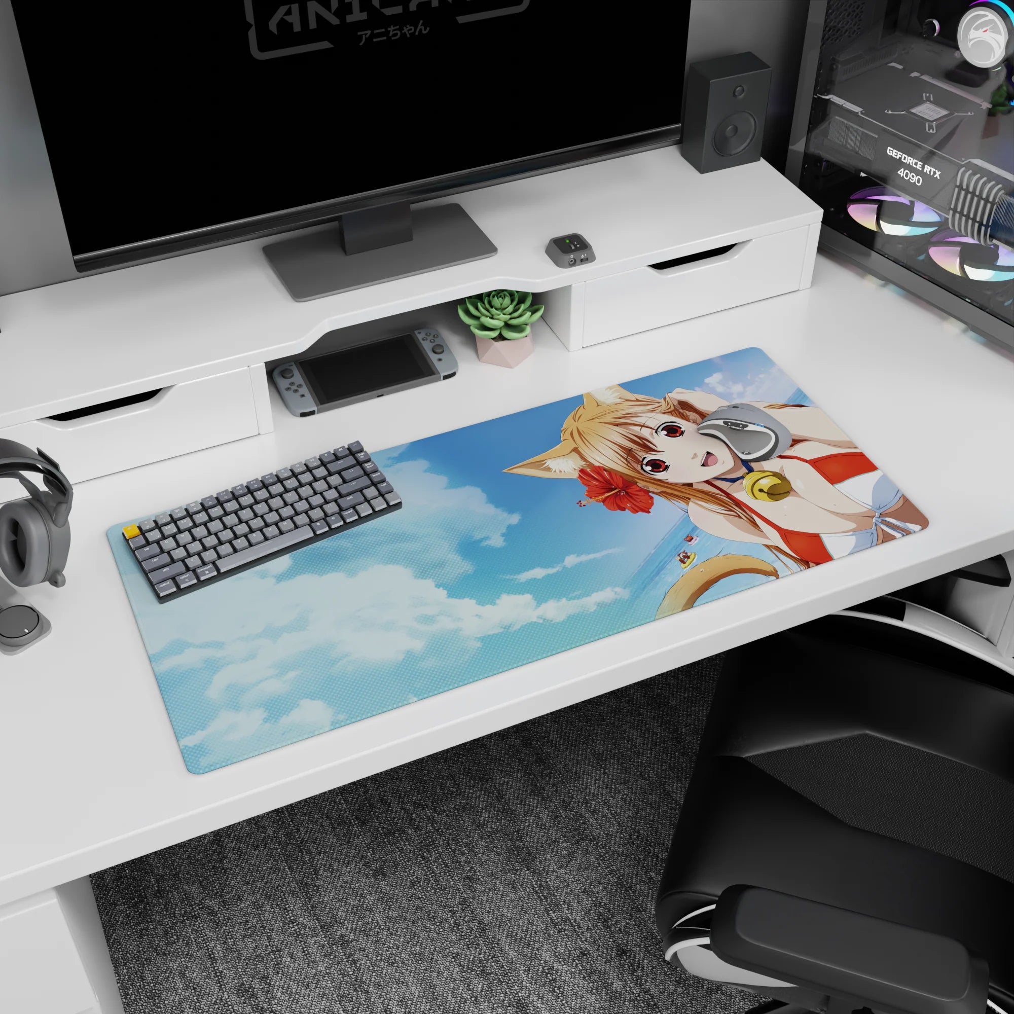 Cat-eared anime beach girl on 36x16 inches desk pad, sandy hair, bell choker, ocean floaty view.