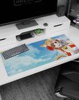 Cat-eared anime beach girl on 36x16 inches desk pad, sandy hair, bell choker, ocean floaty view.