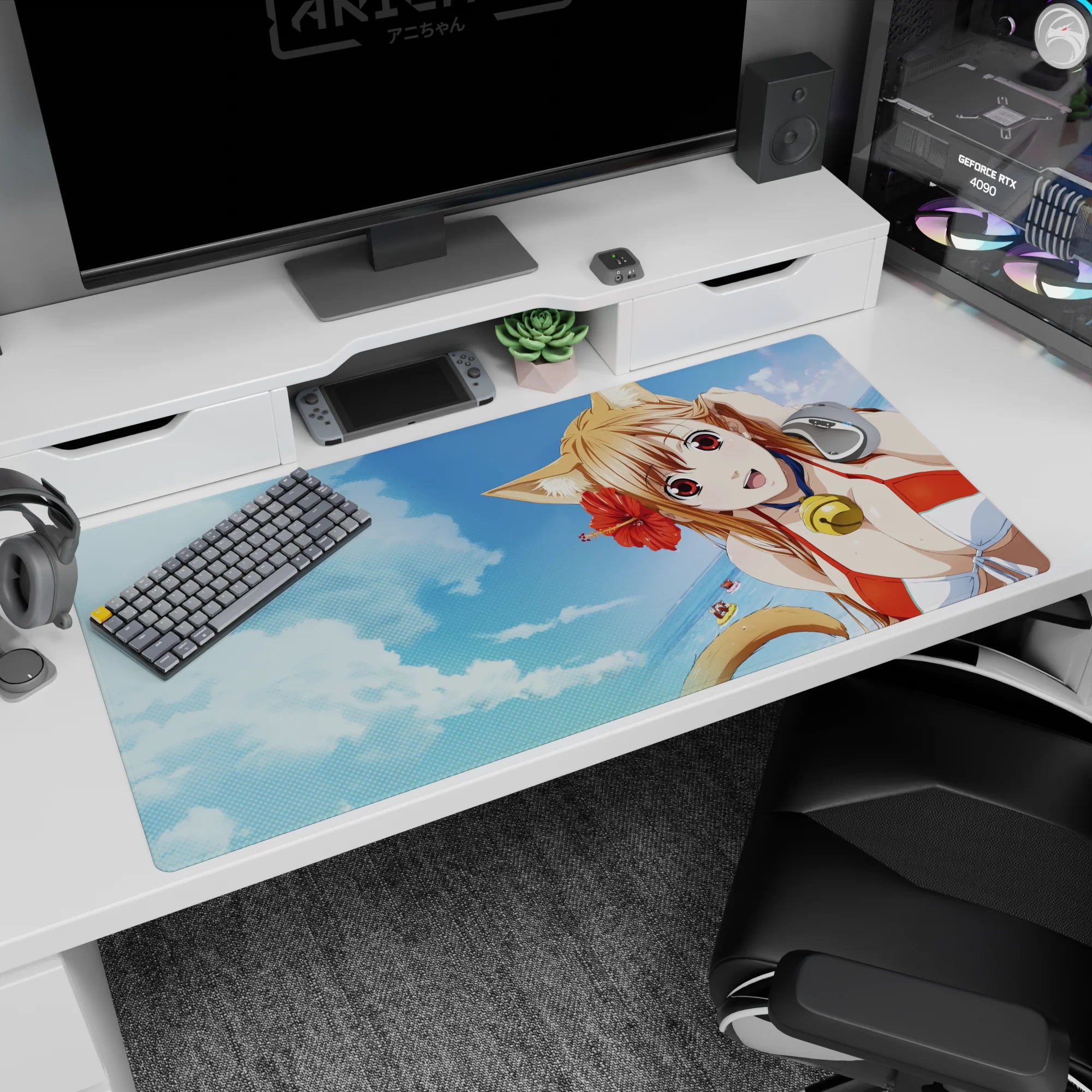 Cat-eared anime beach girl desk pad 40x20 inches with sandy hair, glossy bell choker, distant floaty.