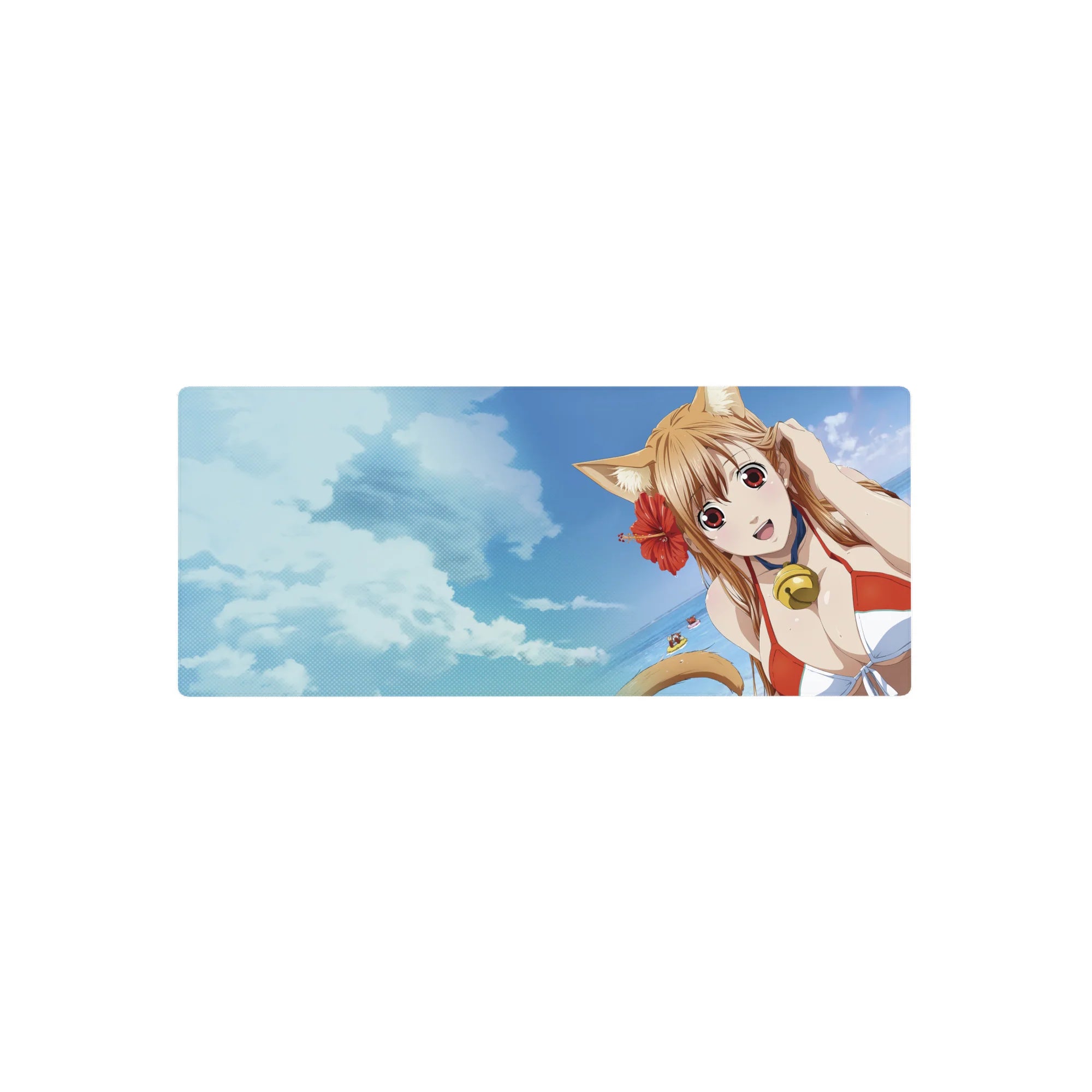28x12 inches anime girl mouse pad with cat-eared beach girl, glossy bell choker, ocean horizon backdrop.