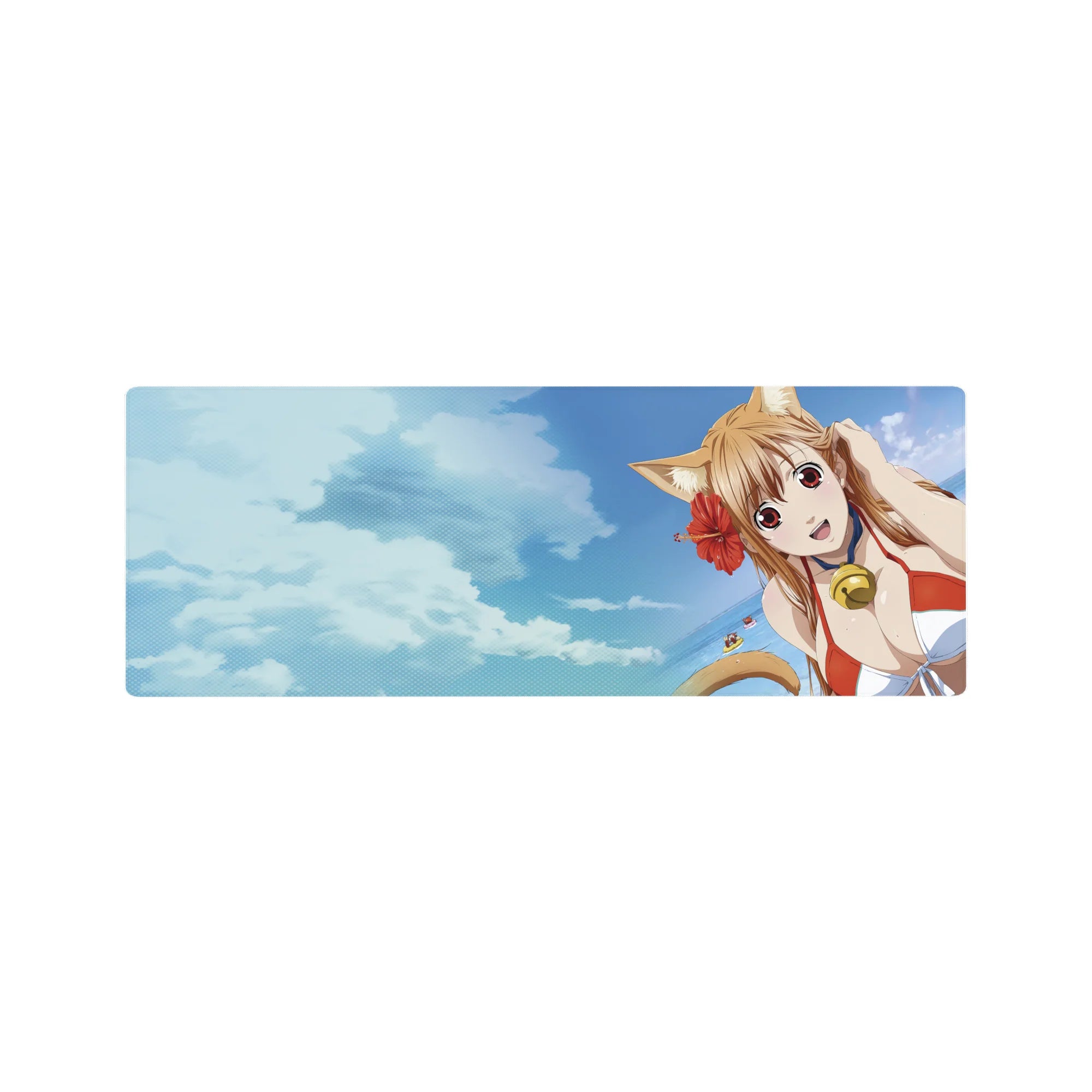 32x12 inches anime girl mouse pad with cat-eared beach girl, hibiscus accents, and ocean horizon.