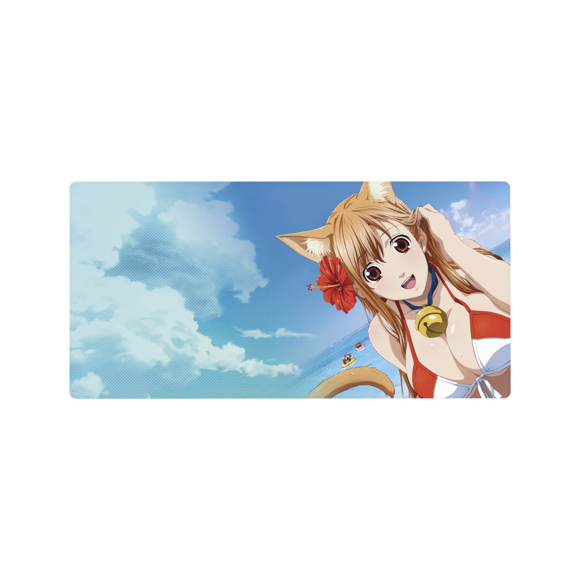 Anime girl mouse pad 32x16 inches with cat-eared beach girl, glossy bell choker, ocean horizon art.