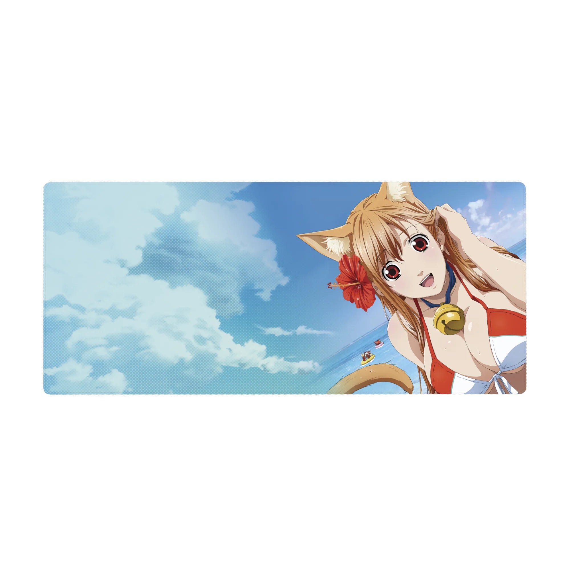 Anime girl desk pad 36x16 inches with cat-eared beach girl, glossy bell choker, ocean horizon.