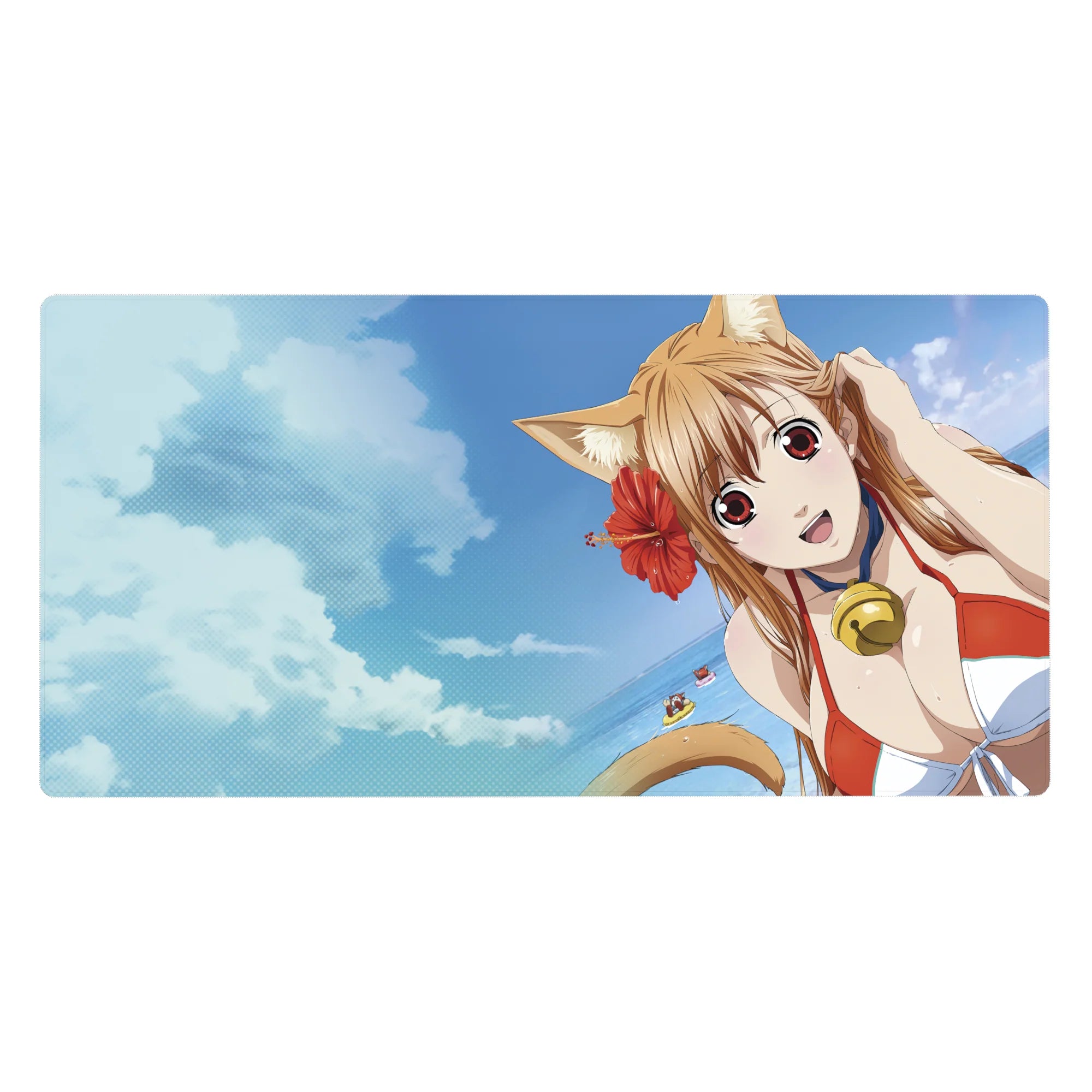 Anime girl desk pad 40x20 inches with cat-eared beach girl, bell choker, ocean horizon design.
