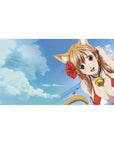 Anime girl desk pad 40x20 inches with cat-eared beach girl, bell choker, ocean horizon design.