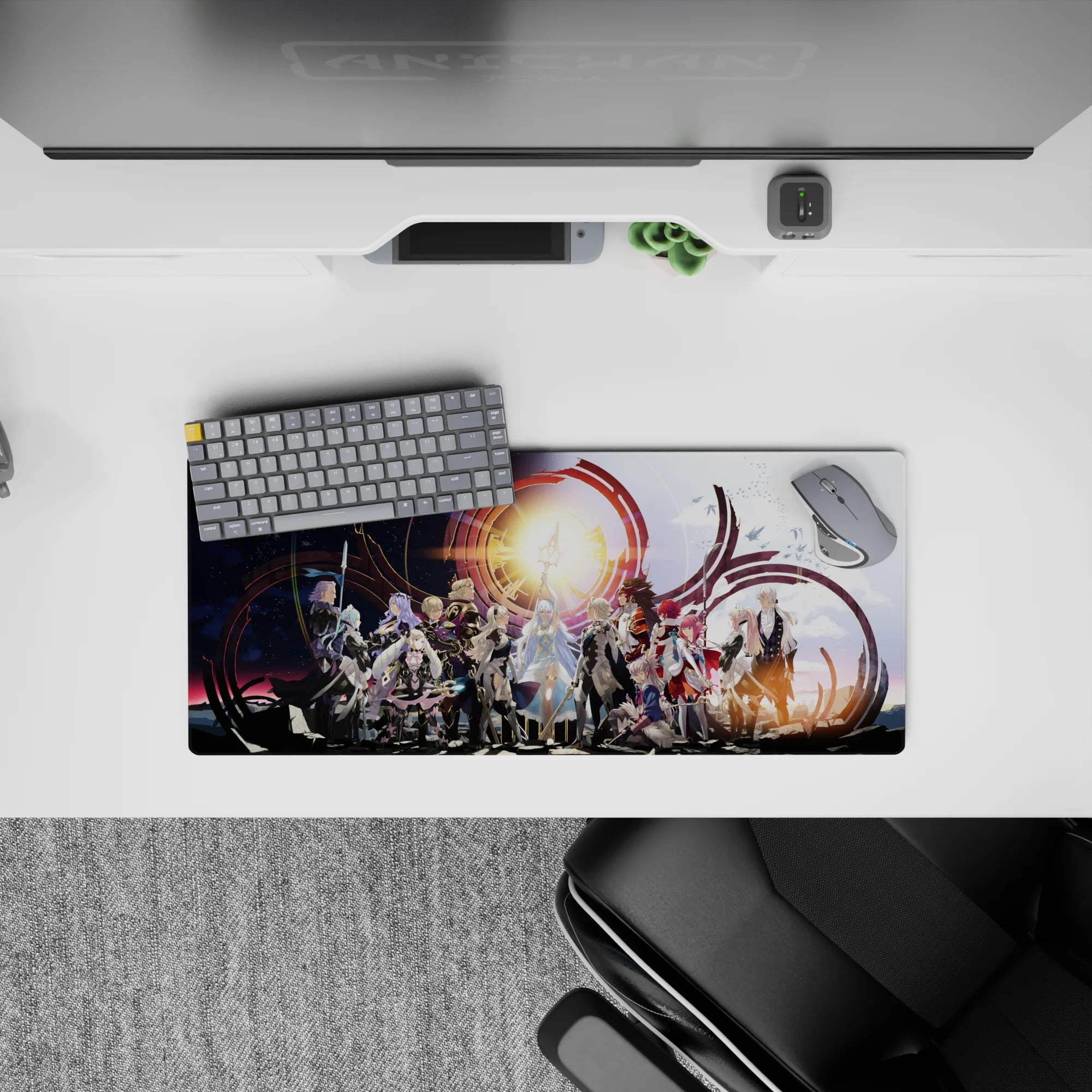 28x12 inches anime mouse pad in starlit blues and warm gold, dramatic calm vibe with bold red accents.
