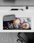 28x12 inches anime mouse pad in starlit blues and warm gold, dramatic calm vibe with bold red accents.