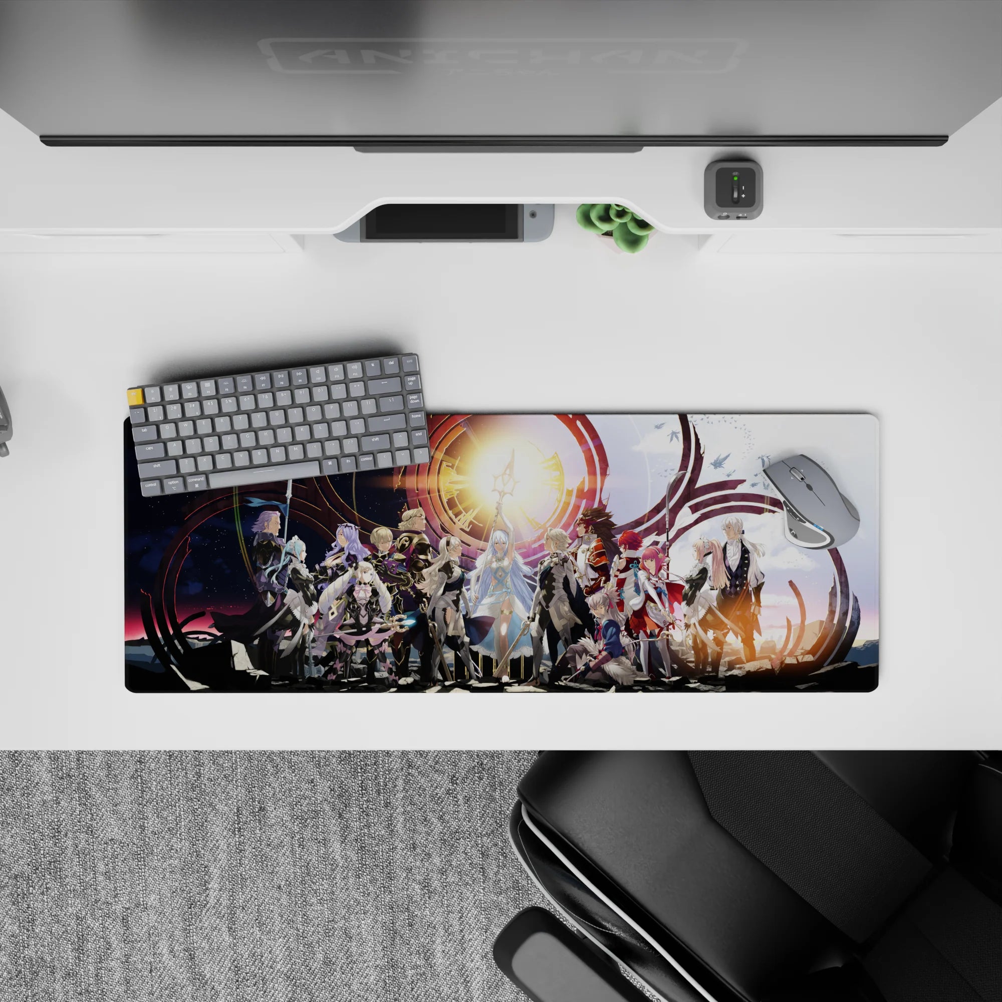 32x12 inches anime mouse pad in starlit blues and warm gold, dramatic heroic mood with sharp print.