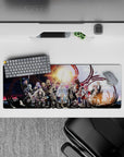 32x12 inches anime mouse pad in starlit blues and warm gold, dramatic heroic mood with sharp print.