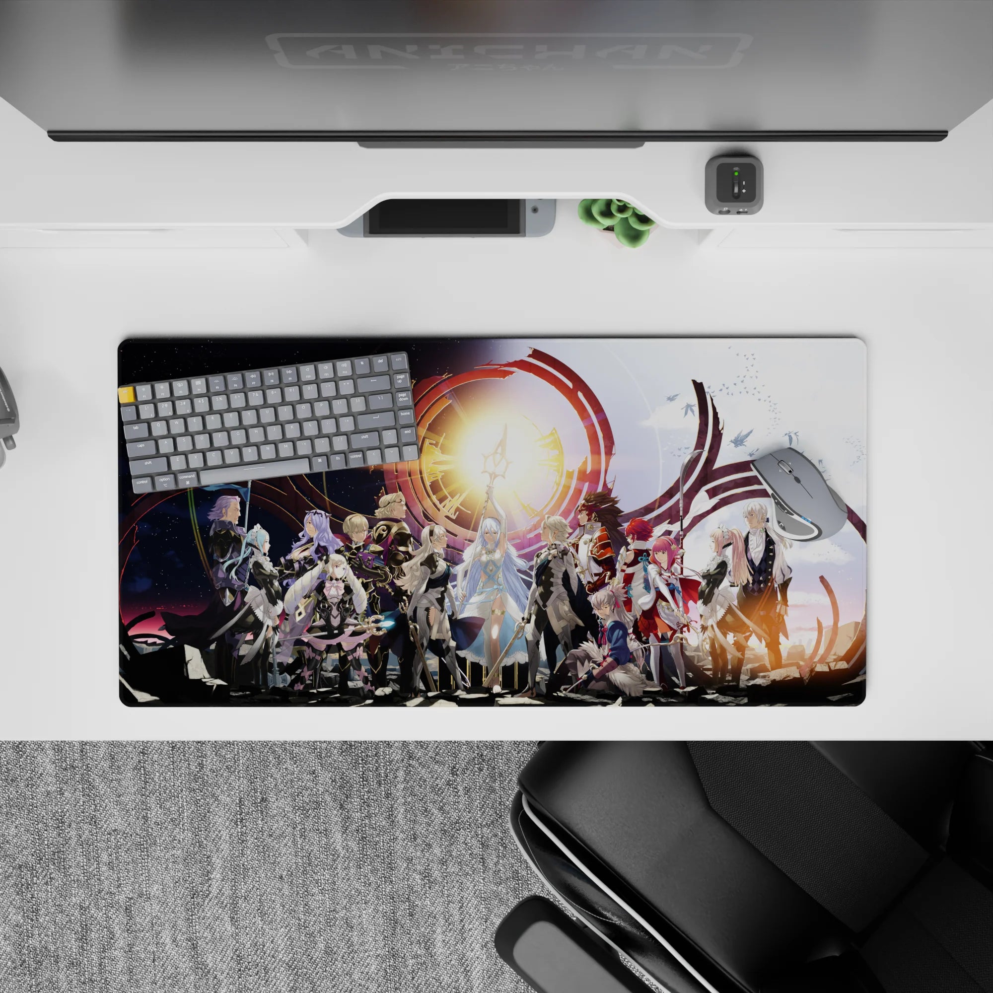 32x16 inches anime mouse pad in starlit blues and warm gold, dramatic heroic mood with bold red accents.