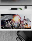 32x16 inches anime mouse pad in starlit blues and warm gold, dramatic heroic mood with bold red accents.