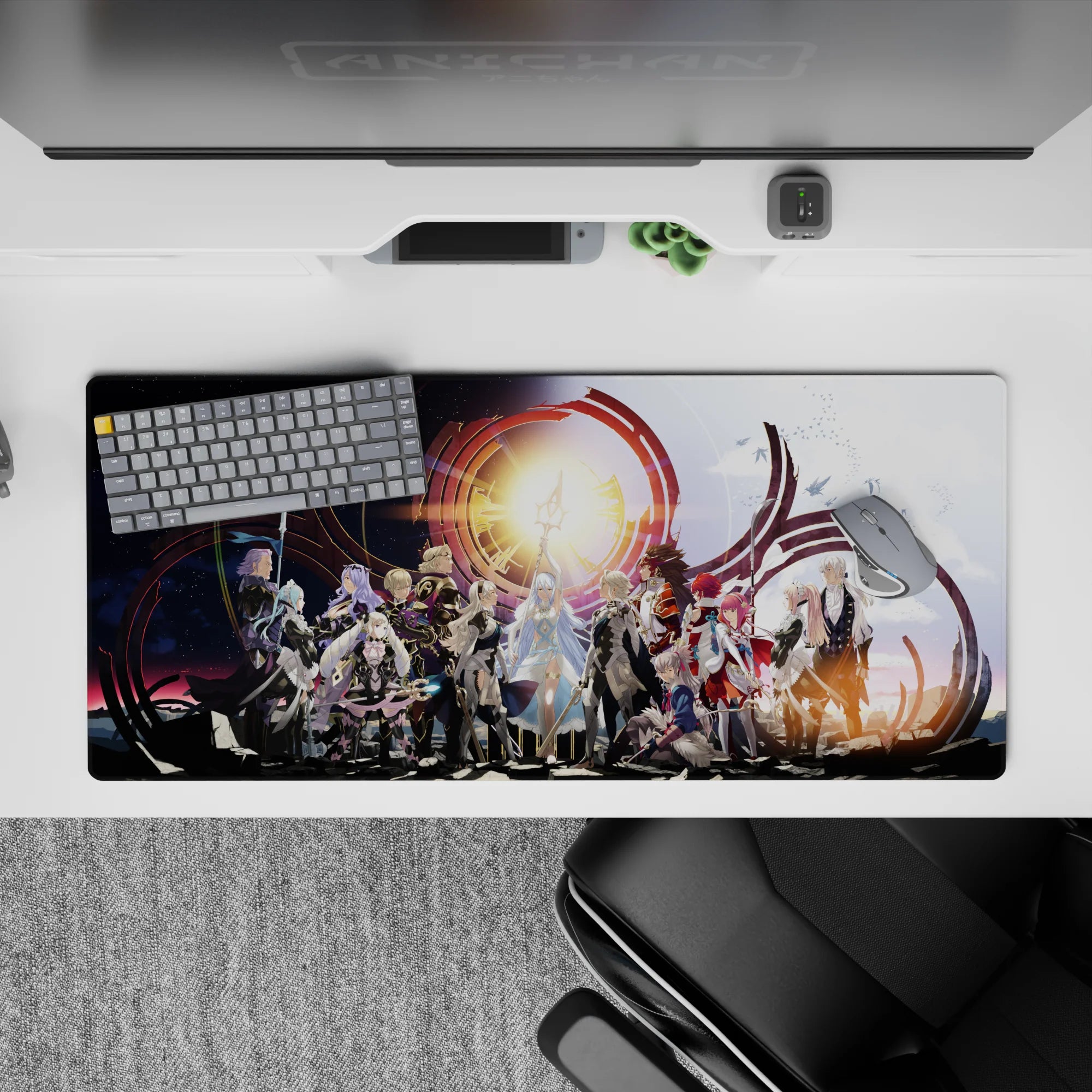 36x16 inches anime desk pad in starlit blues and warm gold, dramatic heroic mood with sharp vivid print.