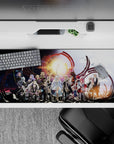 36x16 inches anime desk pad in starlit blues and warm gold, dramatic heroic mood with sharp vivid print.