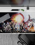 Anime desk pad 40x20 inches in starlit blues and warm gold, dramatic heroic mood with sharp detailed armor.