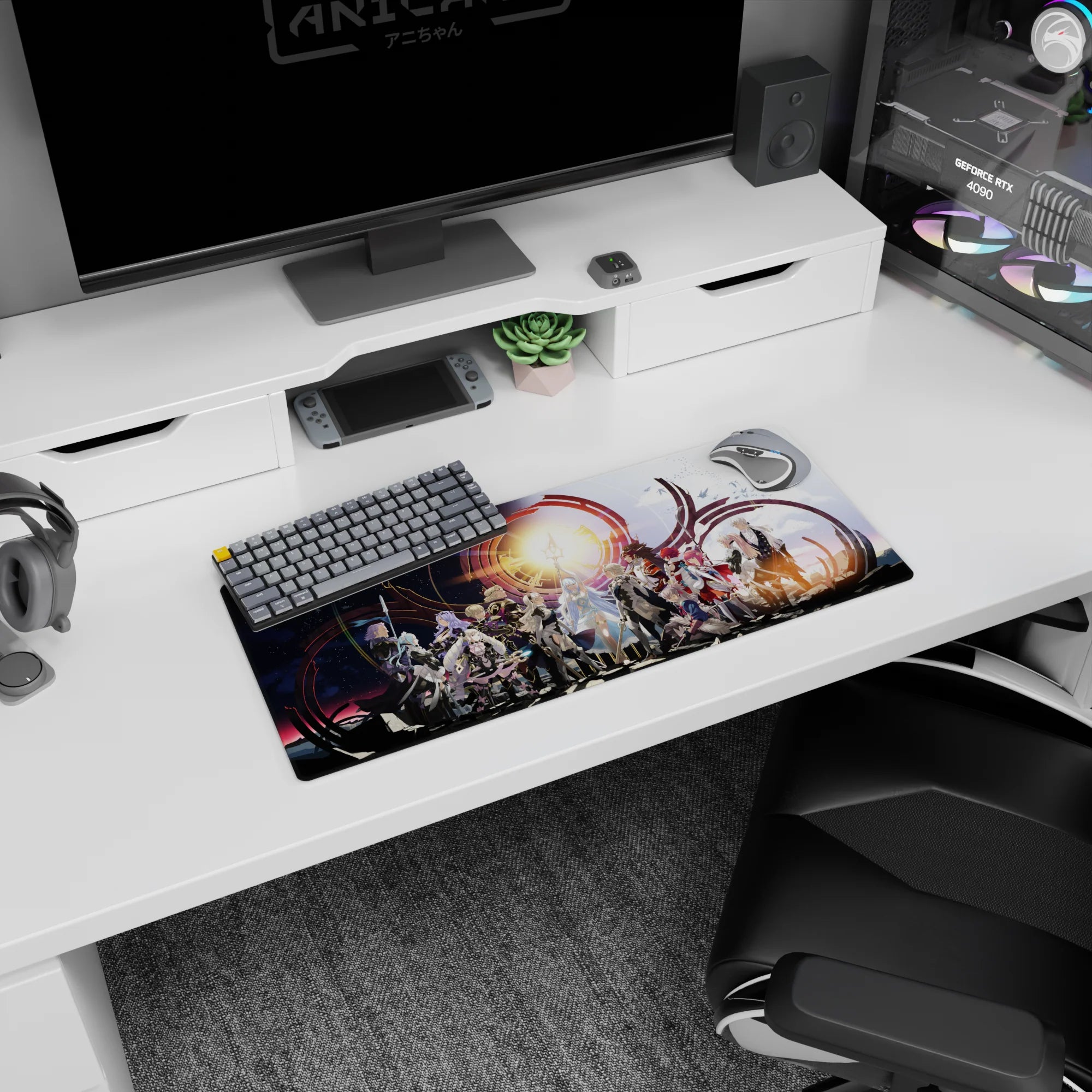 28x12 inches anime mouse pad showing silver-haired heroes and a red-clad fighter under a blazing sun emblem.