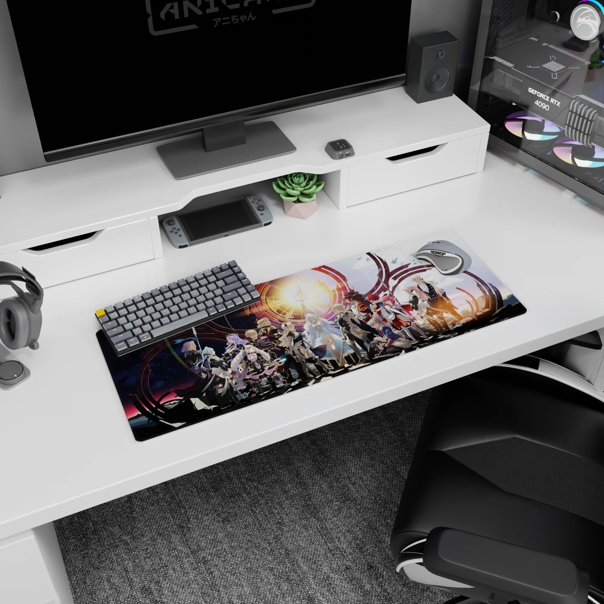 32x12 inches anime mouse pad featuring silver-haired hero and red-clad fighter in calm, brave poses.