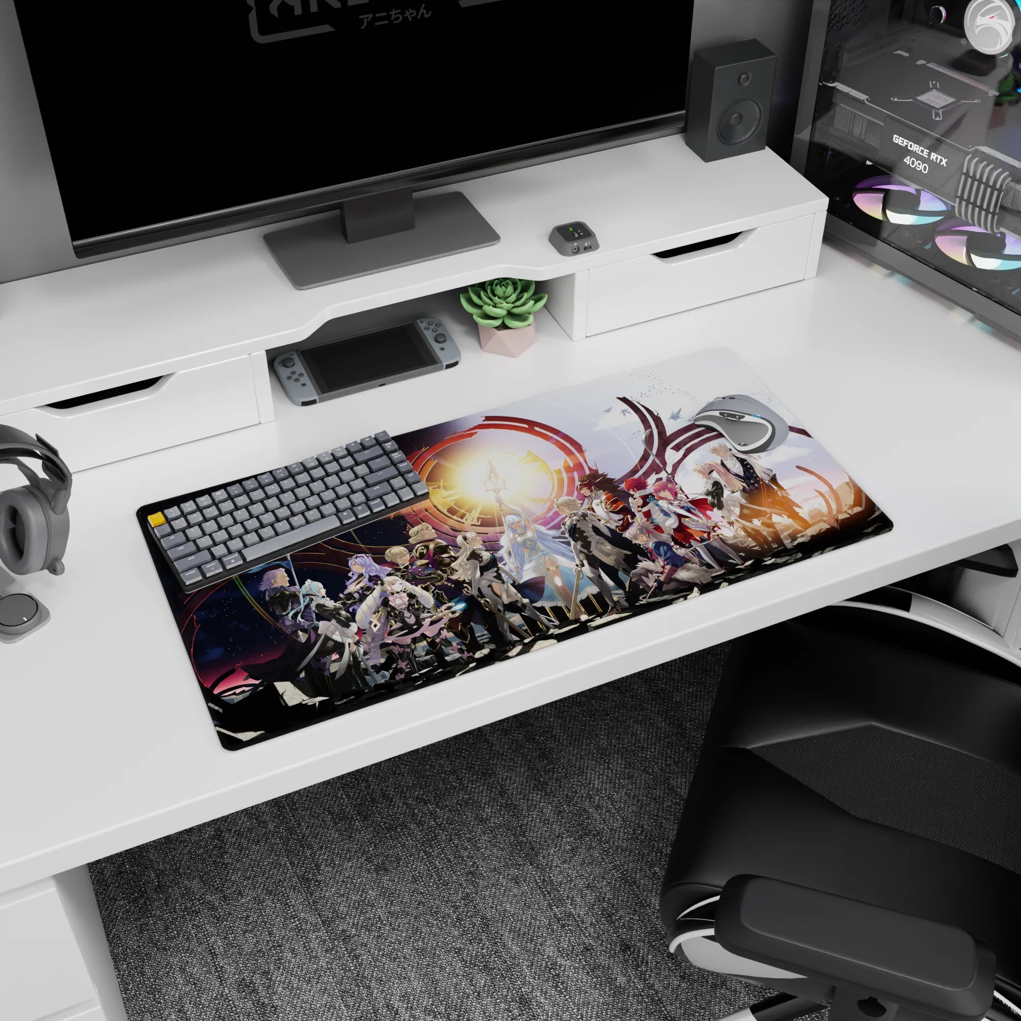 32x16 inches anime mouse pad showing silver-haired hero and red-clad fighter under blazing sun sigil.
