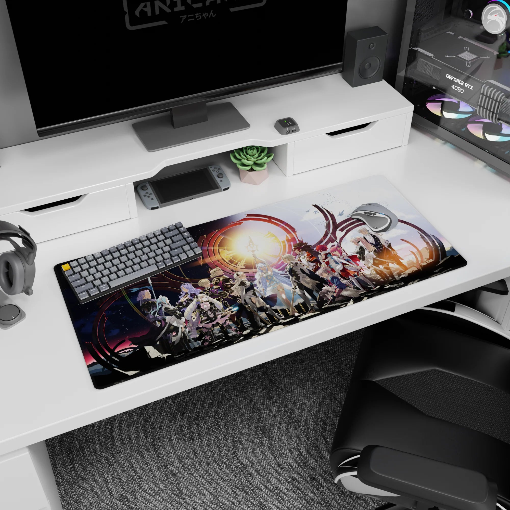 36x16 inches anime desk pad featuring silver-haired heroes, flowing capes, and a red-clad fighter under a sun sigil.