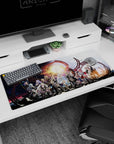 36x16 inches anime desk pad featuring silver-haired heroes, flowing capes, and a red-clad fighter under a sun sigil.