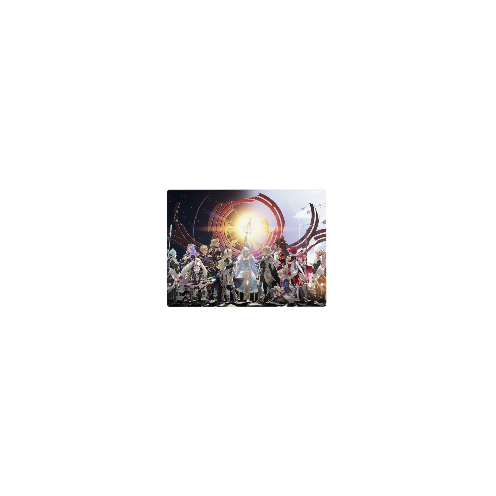 Classic anime mouse pad 14x10 inches with heroic party lineup, sun sigil backdrop, and flowing capes.