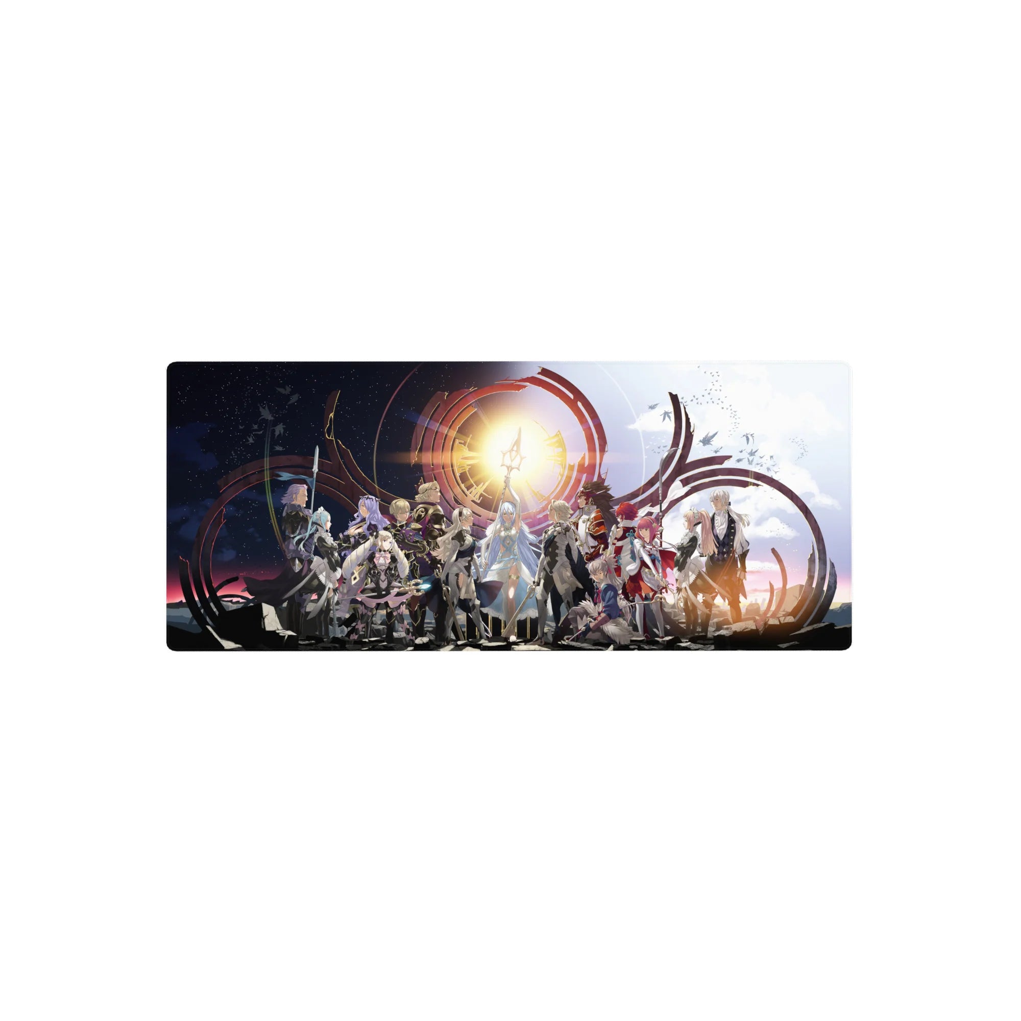 28x12 inches anime mouse pad with heroic party lineup, sun sigil backdrop, crimson arcs, detailed armor.