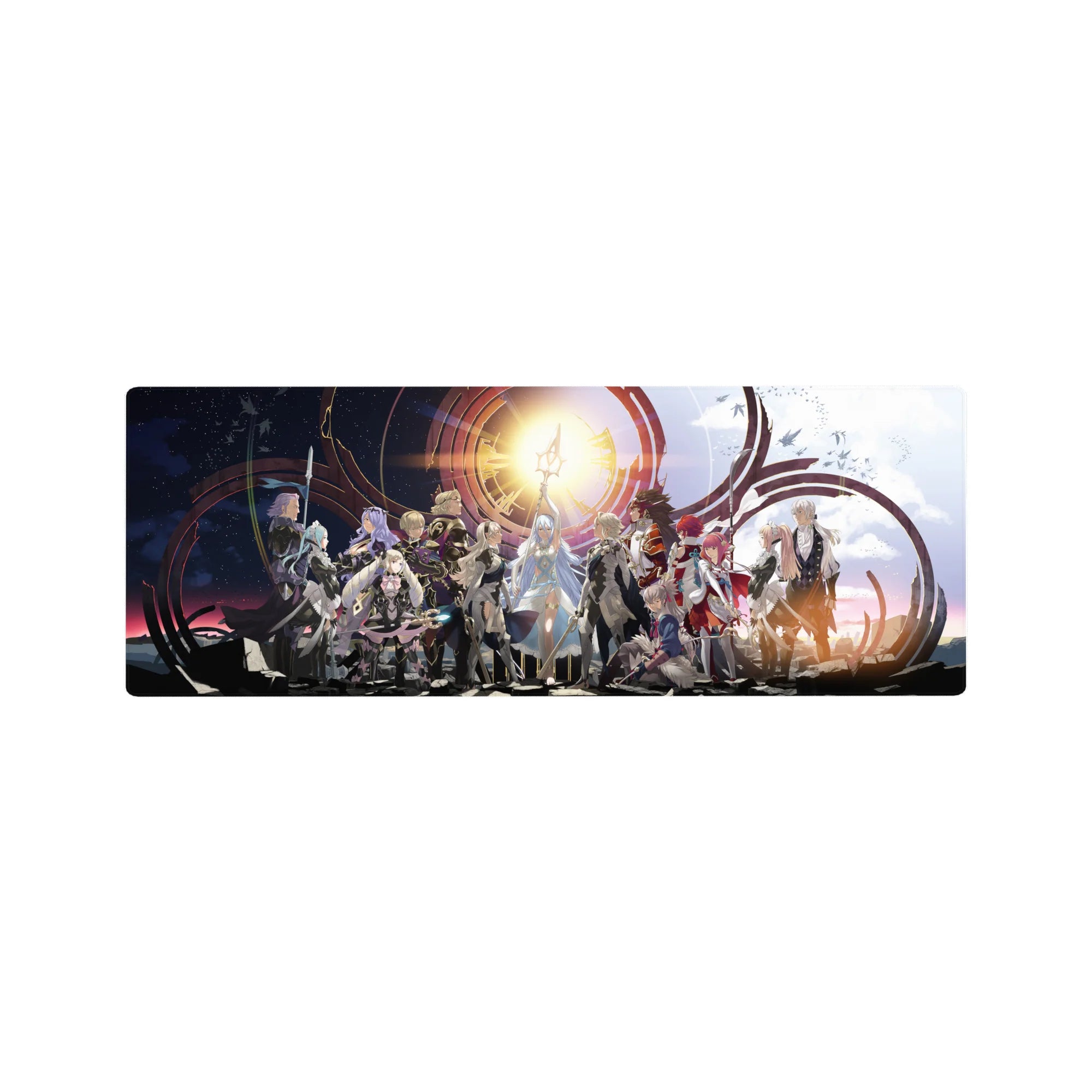 32x12 inches anime mouse pad with full party lineup under sun sigil, crimson arcs, capes and armor.